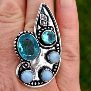 New Blue Topaz & Owyhee Opal Silver Statement Ring.